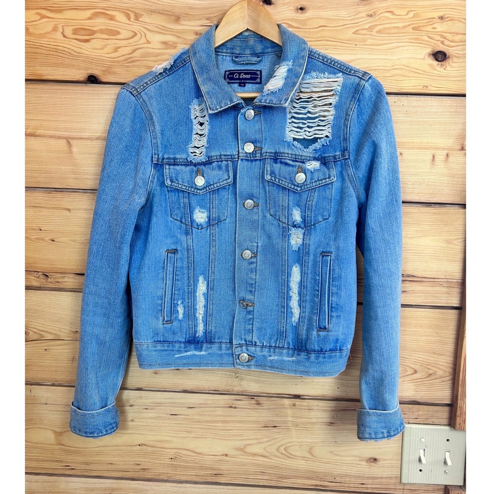 Ci Sono Collection‎ Distressed Denim Jacket Medium Wash Blue Ripped Shredded M